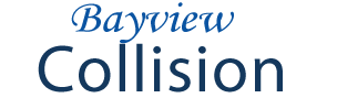 The image features a logo with text that reads  BAYVIEW COLLISION  and includes an illustration of a car crash, suggesting that this is the logo for a company specializing in automotive collision repair services.